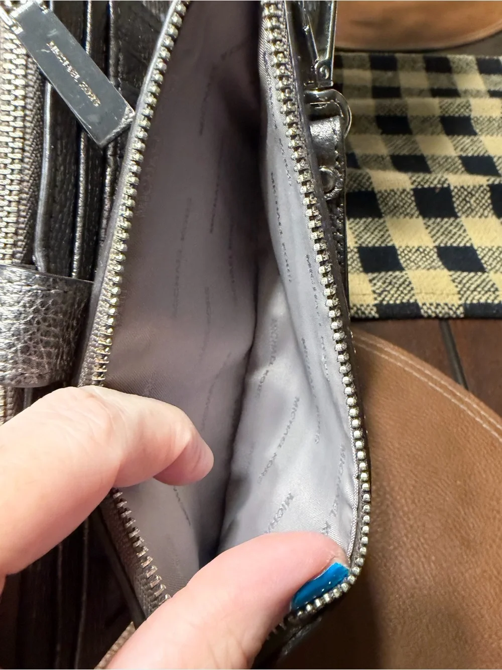 Michael Kors Metallic Pewter Pebbled Leather Wristlet